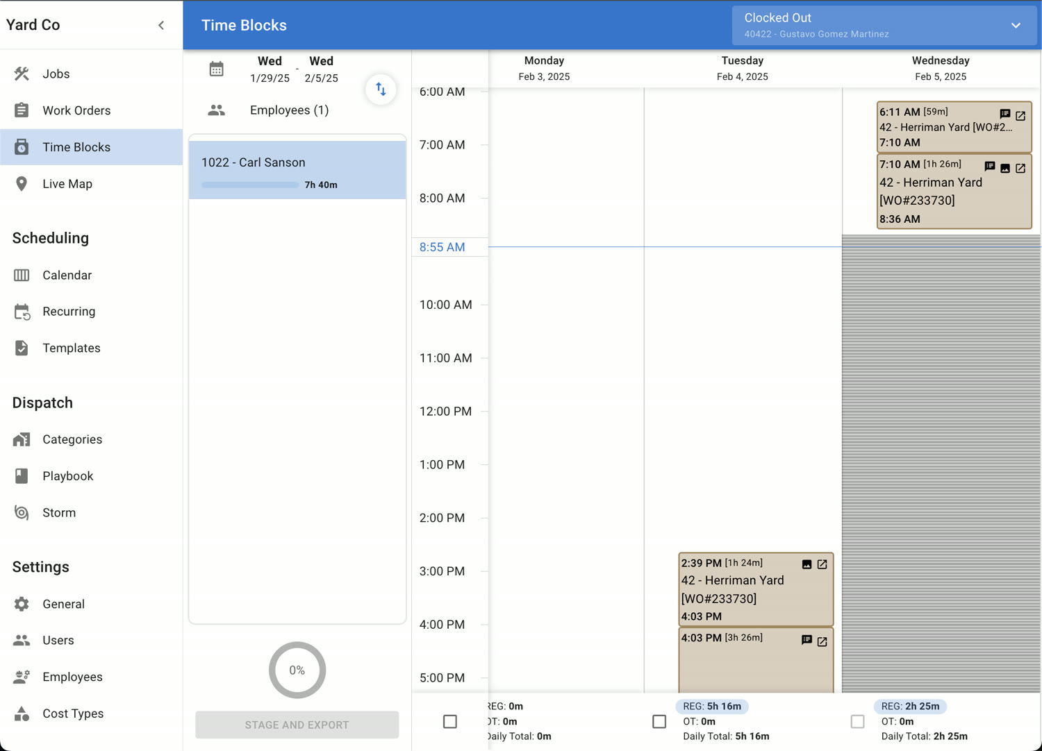 Logistiikka time-blocks and dispatch dashboard