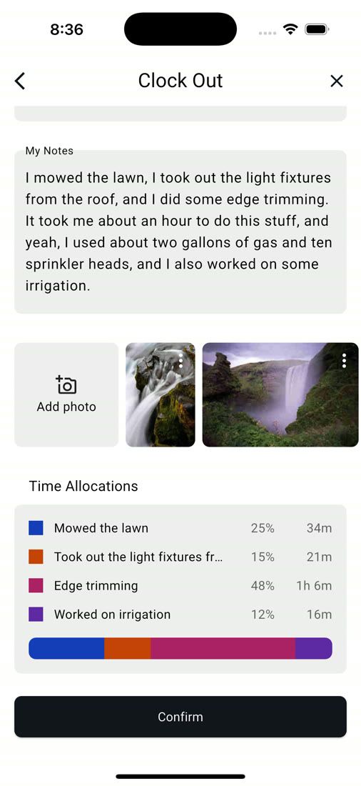 Logistiikka mobile clock-out with time allocations